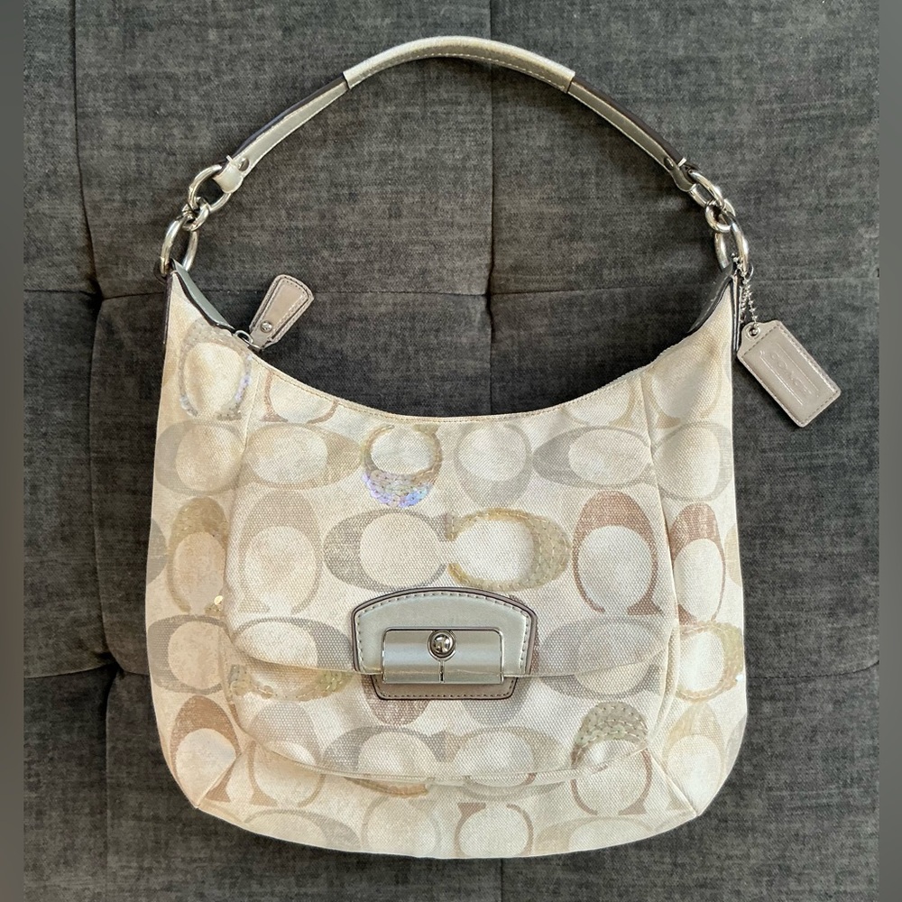 Coach Signature “Kristin” Sequin Marled Fabric Tan Hobo Bag